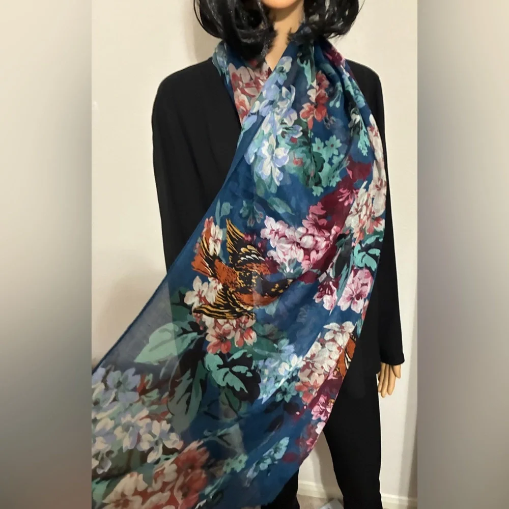 Shawl wrap Navy Blue Floral Scarf w/exotic Bird design Oblong 27x72 Colorful